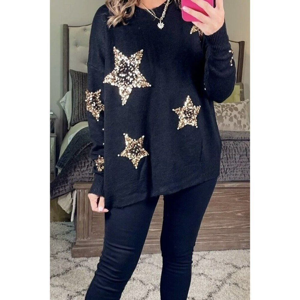 Fantastic Fawn Oh My Stars Sequin + Pearls Sweater in Black IFKT54447-01 - Picture 9 of 11